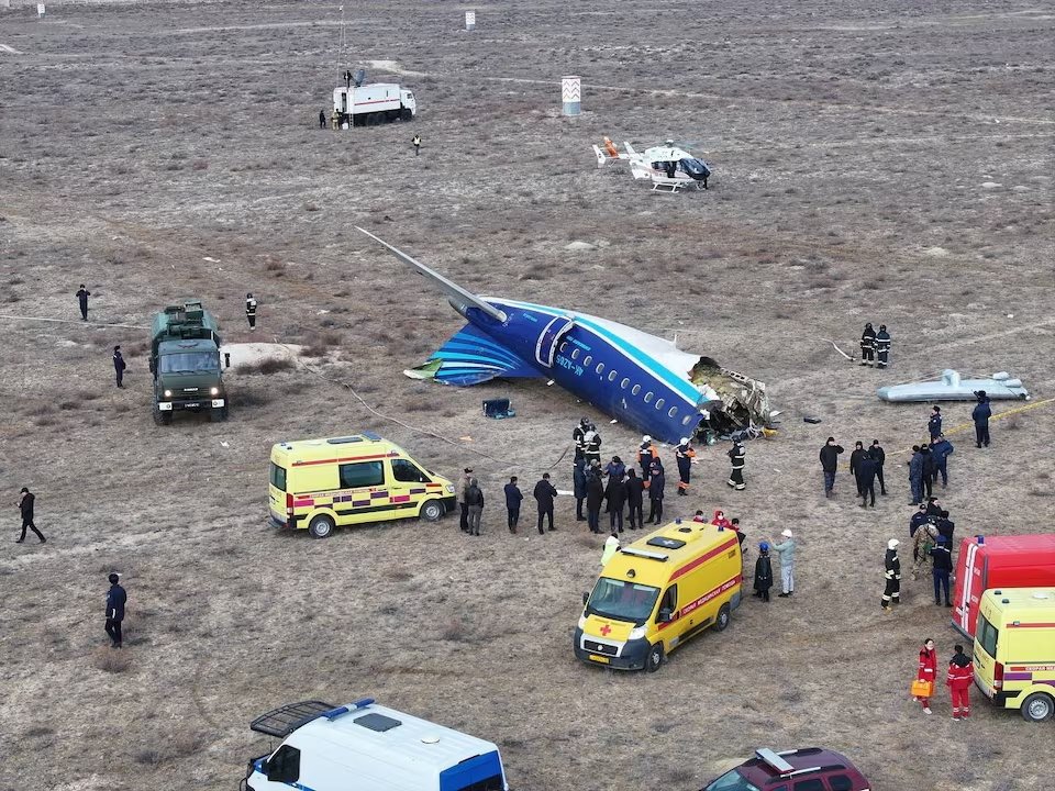 A drone view shows the crash site of an Azerbaijan Airlines passenger plane near the city of Aktau, Kazakhstan