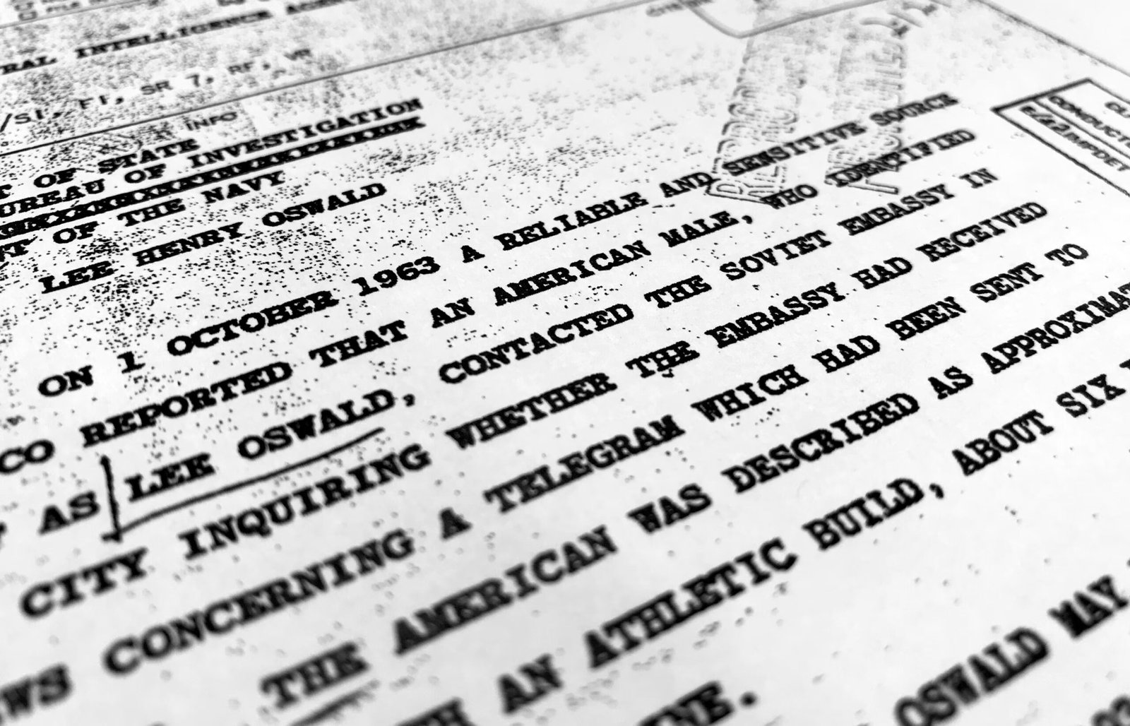 FILE - Part of a file from the CIA, dated Oct. 10, 1963, details "a reliable and sensitive source in Mexico" report of Lee Harvey Oswald's contact with the Soviet Union embassy in Mexico City, that was released Nov. 3, 2017, by the National Archives. (AP Photo/Jon Elswick, File)