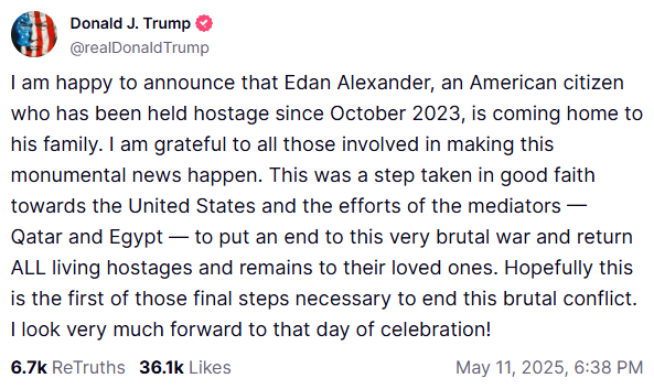 Hamas says it will release Israeli-American hostage Edan Alexander